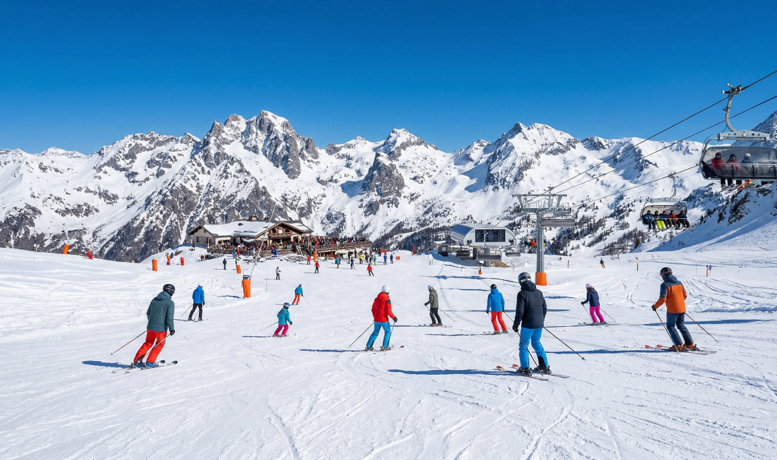 Des skieurs profitant d'une journée ensoleillée sur les pistes enneigées, idéal pour rentabiliser son forfait ski Isola 2000.